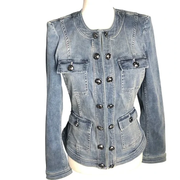 White House Black Market Women's Soft Denim Military Jean Jacket $160 Sz 4 - Picture 1 of 16